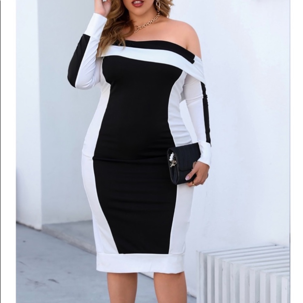 Plus size black and white off shoulder dress